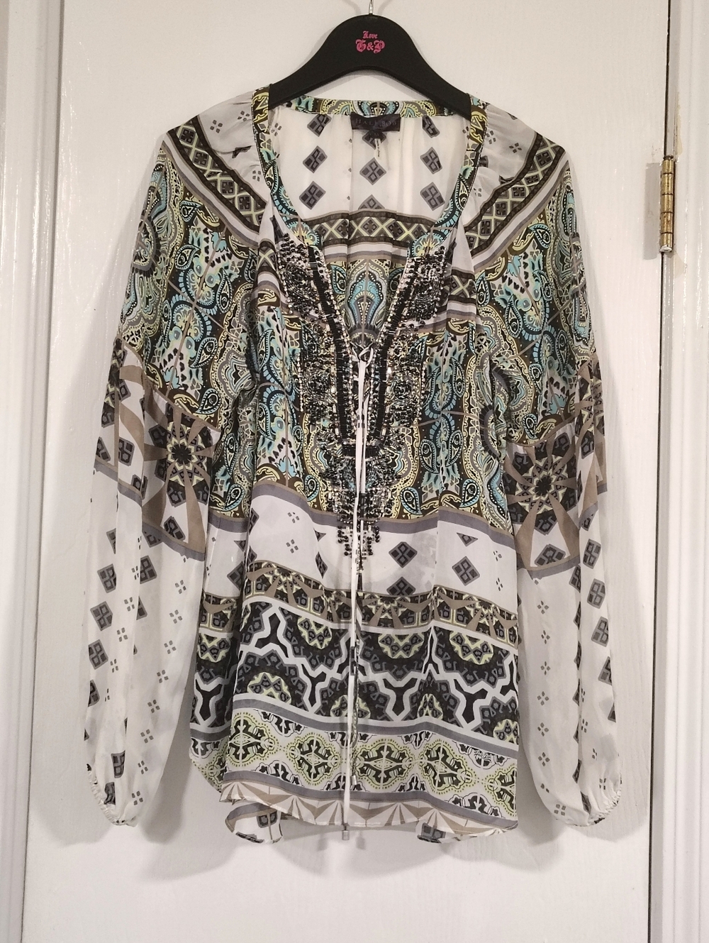 Hale Bob Silk Embellished V-Neck Top Women's Medium Bohemian Embellished - Picture 6 of 8